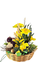 Casa-Poador Gesteck im Korb Osterglocken Lagurus Hase Kunstblumen Frühling Deko