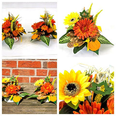 Gesteck 2 x Seide Gelb Orange Kunstblumen Sonnenblume Gerbera rund 25 cm Herbst