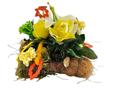 Grabschmuck Gesteck Moos Reisig Kissen künstliche Blumen RoseGelb Natur Friedhof