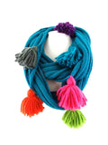 SCHAL RUNDSCHAL QUASTEN Loop Wickelschal Türkis gestrickt Polyester 70 x 25 cm