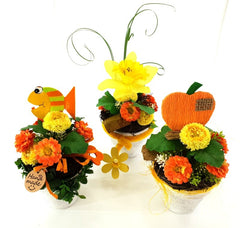 Gestecke 3 x künstlich Gelb Grün Orange Kunstblumen Filztaschen Dekoration