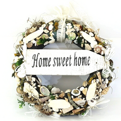 Türkranz Wand Kranz künstlich trocken Weiß Grau Natur Muscheln Holzschild