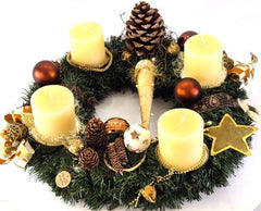 Adventskranz Creme Braun künstliche Tanne 45 cm Rustic Kerzen Kugeln Sterne 8054