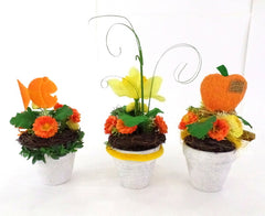 Gestecke 3 x künstlich Gelb Grün Orange Kunstblumen Filztaschen Dekoration