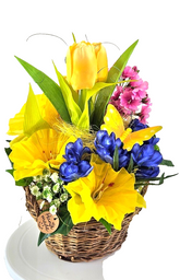 Casa-Poador Gesteck im Korb Primel Osterglocken Krokus Kunstblumen Frühling Deko