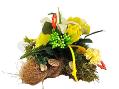 Grabschmuck Gesteck Moos Reisig Kissen künstliche Blumen RoseGelb Natur Friedhof