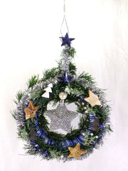 Türkranz Wandkranz Blau Silber Stern künstlich 25 cm Sterne Tannenbäume