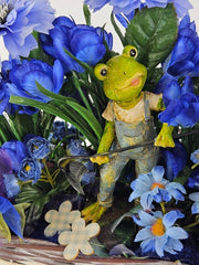 Casa-Poador Gesteck Blau Kunstblumen Krokus Froschfigur Dekoration