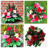 Casa-Poador Grabgesteck Schale Rot Rosa Lilien Rosen Kunstblumen Friedhof