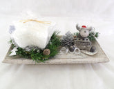 Adventsgesteck Weihnachten Tischschmuck Kerze Weiß Grau Silber Elchfigur