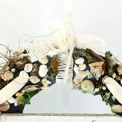 Türkranz Wand Kranz künstlich trocken Weiß Grau Natur Muscheln Holzschild