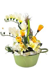 Casa-Poador Gesteck in Metallschale Freesien Krokus Kunstblumen Frühling Deko