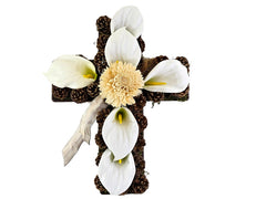 Casa-Poador Grabschmuck Grabgesteck Kreuzform Calla Zapfen Weiß Natur Gedenken Friedhof