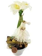 WEIHNACHTSGESTECK AMARYLLIS Weiß im Keramiktopf Gold Sterne Lampions Band