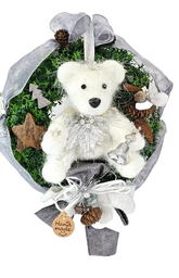 TÜRKRANZ THUJA BÄR Wandkranz Weiß Silber künstlich Thuja 21 cm Sterne Zapfen