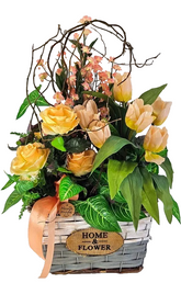 CASA - POADOR GESTECK im Korb mit Kunstblumen Lachs Apricot Tulpen Rosen Deko Geschenk