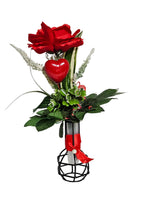 KÜNSTLICHER STRAUß rote Rose Herz Metallvase Röhrchen Dekoration Geschenk