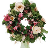 TÜRKRANZ WANDKRANZ ROSEN Kranz künstlich wie echt Rosen Rosa Grün 25 cm Hafer