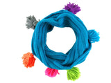 SCHAL RUNDSCHAL QUASTEN Loop Wickelschal Türkis gestrickt Polyester 70 x 25 cm