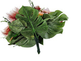 FRÜHLINGSSTRAUß LACHS Rosen weiße Chrysanthemen Perlen Band Federn