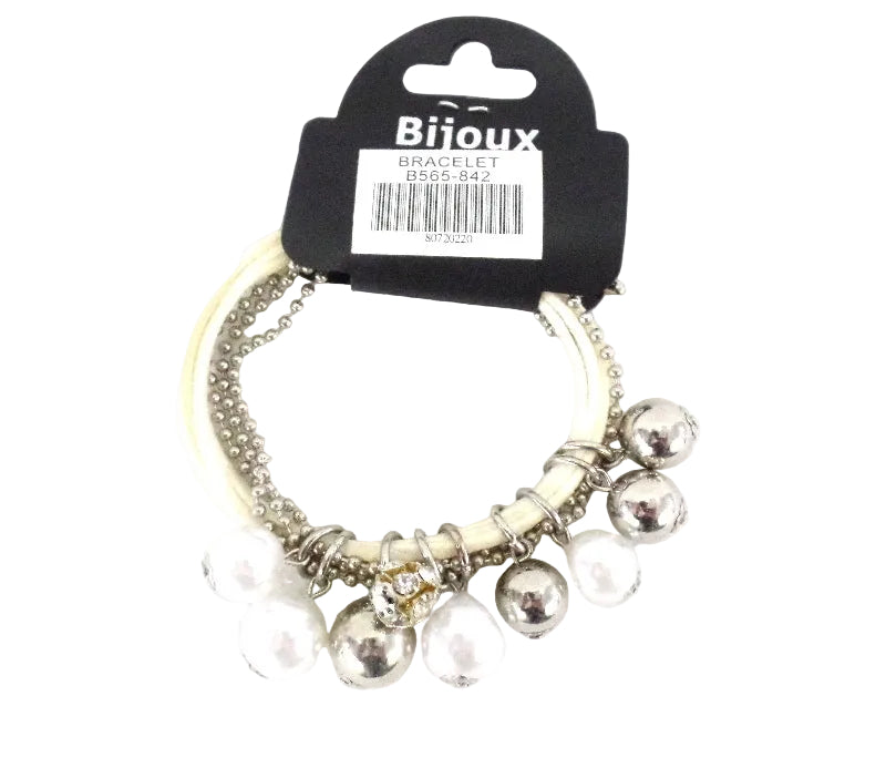 ARMBAND BIJOUX PERLEN 7 reihig Weiß / Silber Stoff Modeschmuck Karabinerverschluss