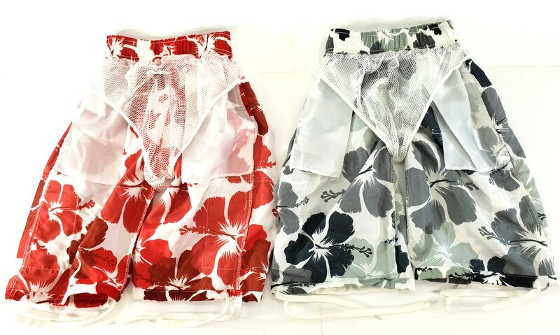 Badehosen Kinder 128-140 3 für 2  Badeshorts Hibiskus Shorts geblümt Rot Schwarz