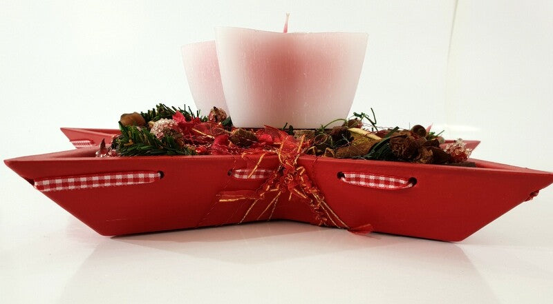 Adventsgesteck Weihnachten Tischschmuck Sternteller Kugeln Anis Zimt Kerze