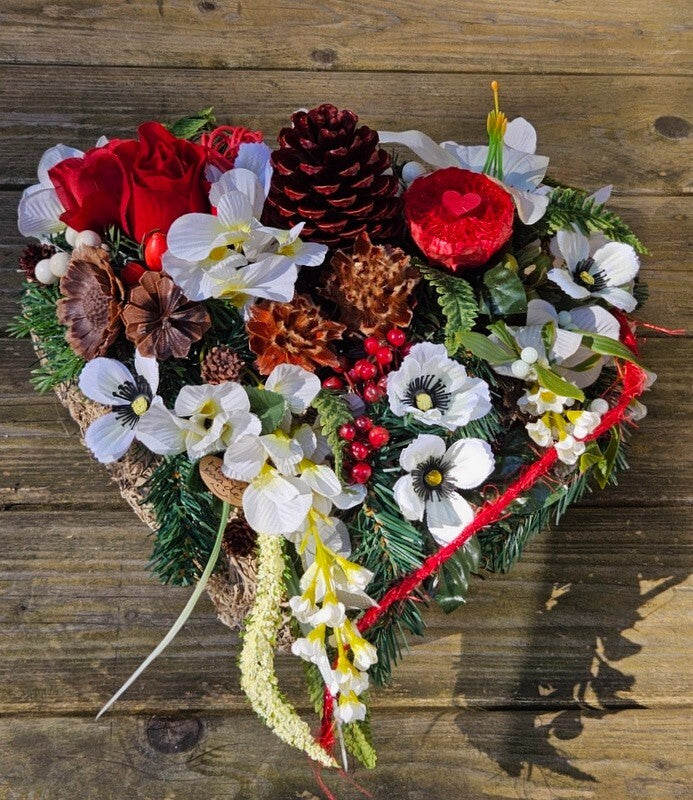 Grabschmuck Herz Kissen Moos 30 cm rot Weiß Rose Kunstblumen Zapfen Grabgesteck