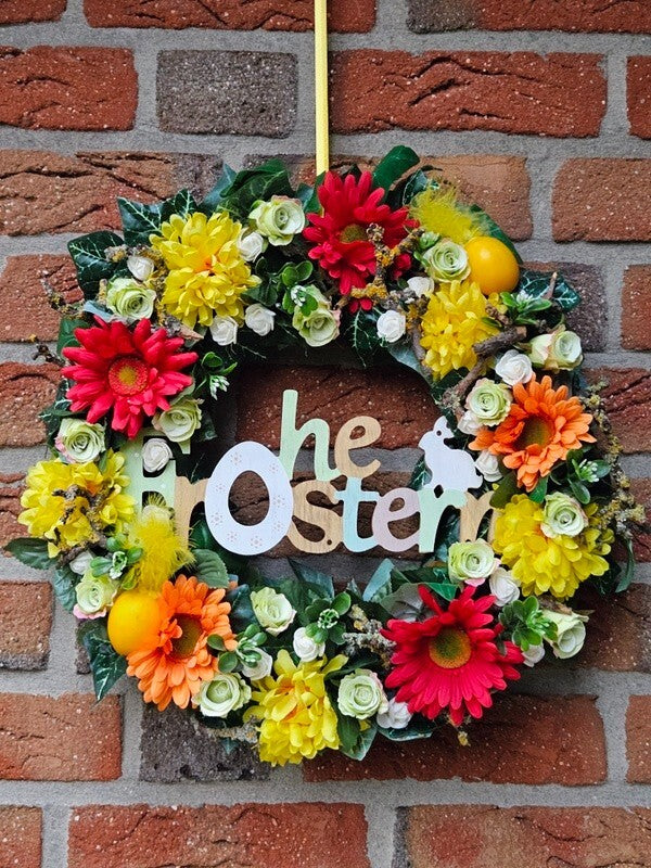 Kranz Tür/Wand Kranz künstlich Gelb Orange Rot 40 cm Holzschild Ostern Geschenk