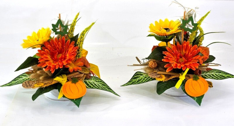 Gesteck 2 x Seide Gelb Orange Kunstblumen Sonnenblume Gerbera rund 25 cm Herbst