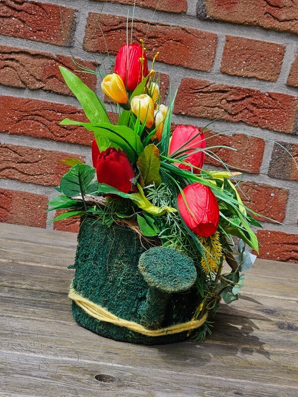 Casa-Poador Gesteck Kunstblumen Naturgefäß Gießkanne Tulpen Frühling Dekoration