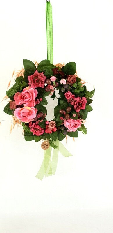 Kranz Tür / Wand Kranz künstlich wie echt Rosen Rosa Grün 25 cm Hafer