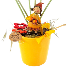 Topfblume Gerbera Gelb Weiß Kunstblumen Keramikgefäß rund Figur Blätter Geschenk