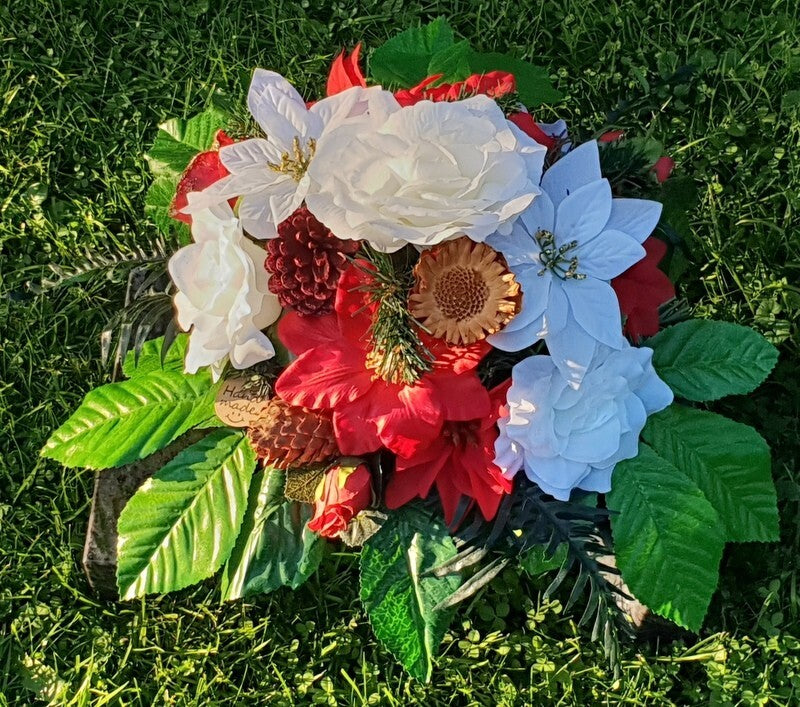 Casa-Poador Grabgesteck Schale Rot Weiß Weihnachtsstern Rosen Kunstblumen Zapfen