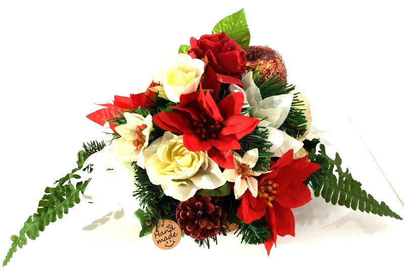 Grabgesteck Schale Weiß Rot Weihnachtsstern Rosen Seidentanne Zapfen Kunstblumen