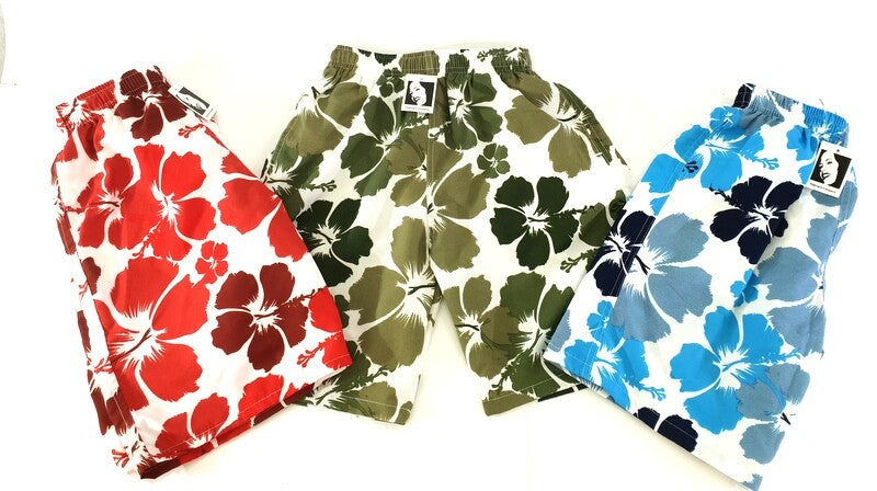 Badehosen Kinder3 für 2Badeshorts 146 - 158 Hibiskus Shorts geblümt Rot Blau