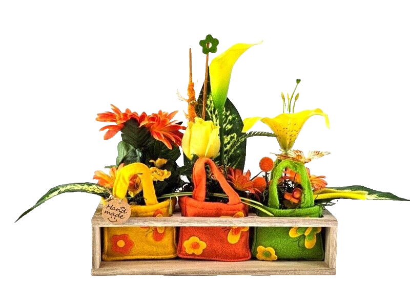 Gestecke 3 Stück in Holzbox Gelb Grün Orange Kunstblumen  Filztaschen Dekoration