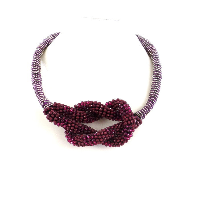 Halskette Collier 16 cm D. Band Bourdaux Knoten silber / bordauxfarbene Perlen