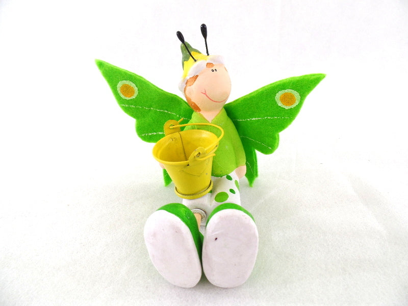 Schmetterling Elfen Figuren Set 4 Stck sitzend Keramik Ton Gelb Grün 8 cm