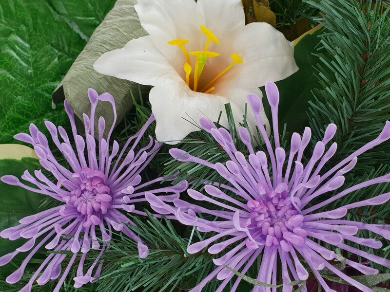 Grabschmuck Beerdigung Exoten Lila Rosa künstliche Blumen Totensonntag Friedhof