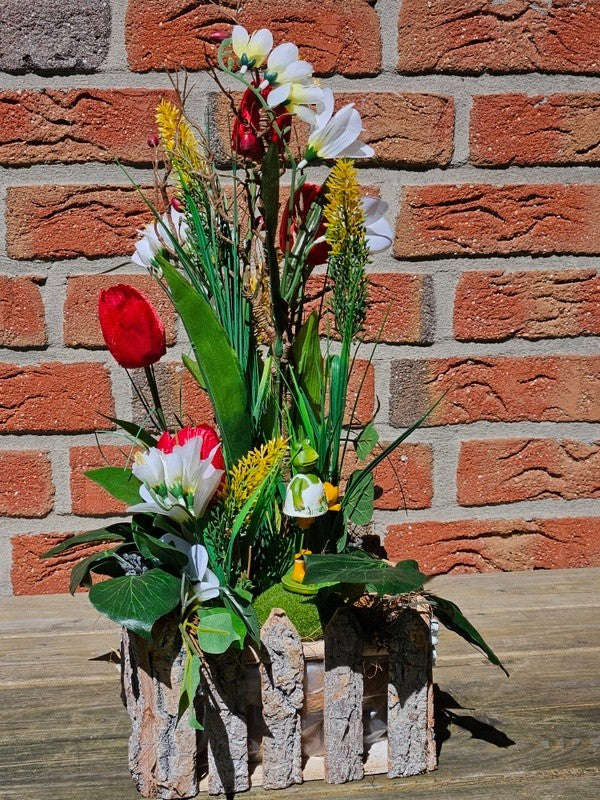 Casa-Poador Gesteck Kunstblumen Naturgefäß Tulpen Frühling FroschfigurDekoration