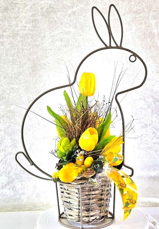 Casa-Poador Ostergesteck Gelb Kunstblumen Osterglocken Eier Hasengestell Deko