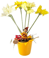 Topfblume Gerbera Gelb Weiß Kunstblumen Keramikgefäß rund Figur Blätter Geschenk