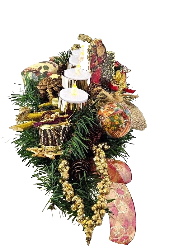 Weihnachtsgesteck Tischschmuck Nostalgie Zapfen Kugeln Tanne Kerzen