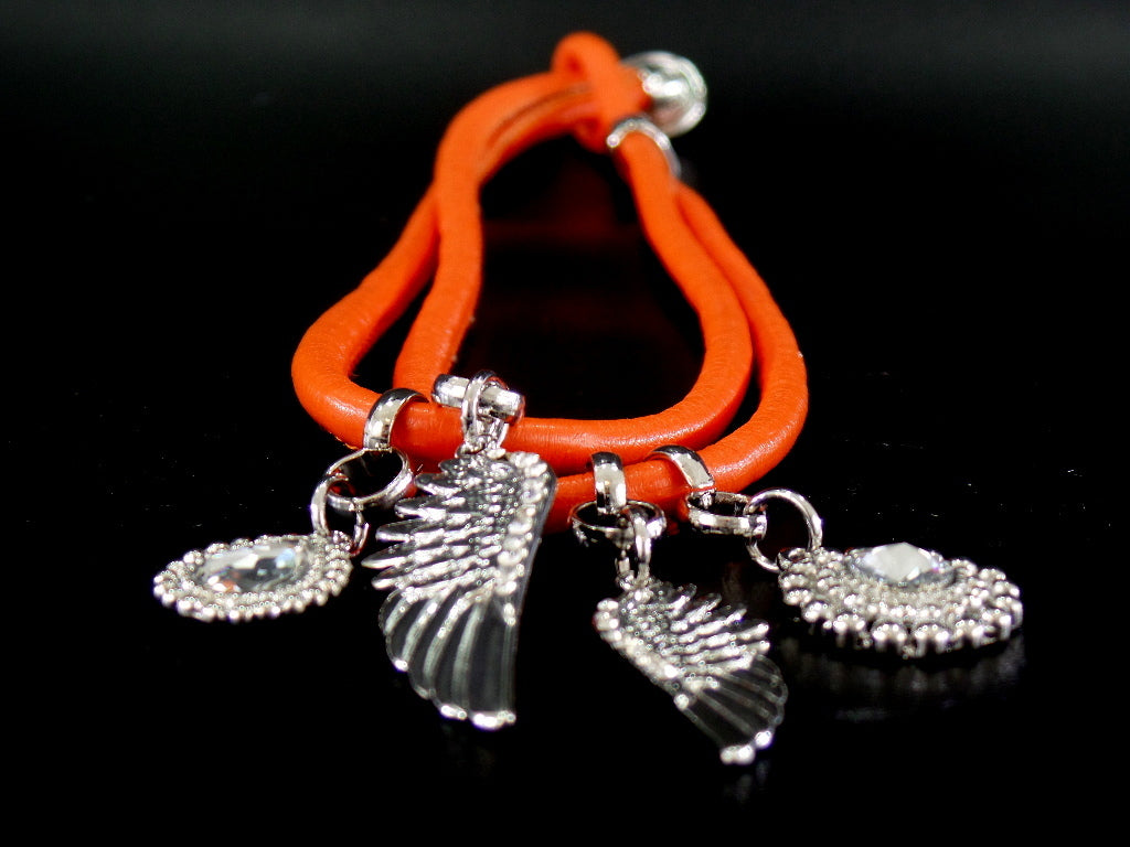 Kette Halskette 20 cm Leder Orange silberfarbene Flügel & Straß Anhänger Top !