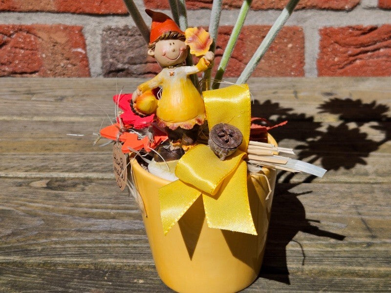 Topfblume Gerbera Gelb Weiß Kunstblumen Keramikgefäß rund Figur Blätter Geschenk