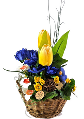 Casa-Poador Gesteck im Korb Tulpen Osterglocken Krokus Kunstblumen Frühling Deko