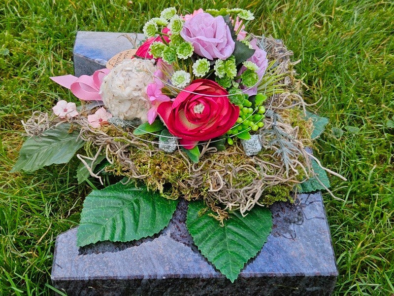 Grabschmuck Herz Gesteck Rose Baumwolle Kunstblumen Natur Allerheiligen Gedenken