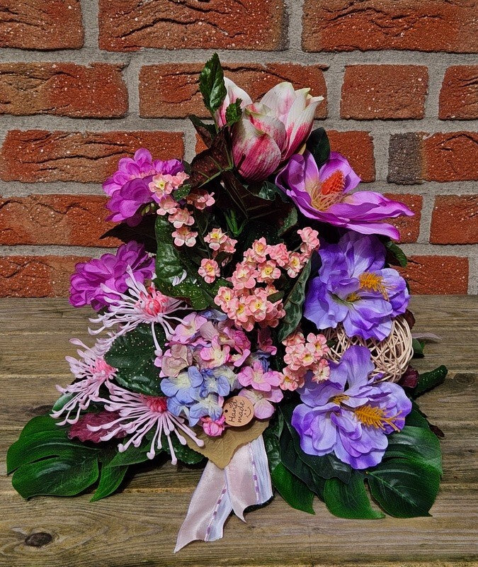 Gesteck Kunstblumen rund Grabgesteck Rosa Magnolie Chrysanthemen Hortensie