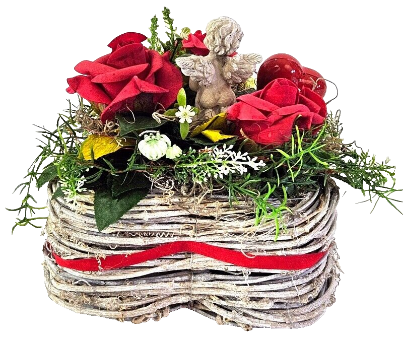 Grabschmuck Herz Reisigesteck Weiß Rot Foumrosen Herz Engel Kunstblumen Friedhof